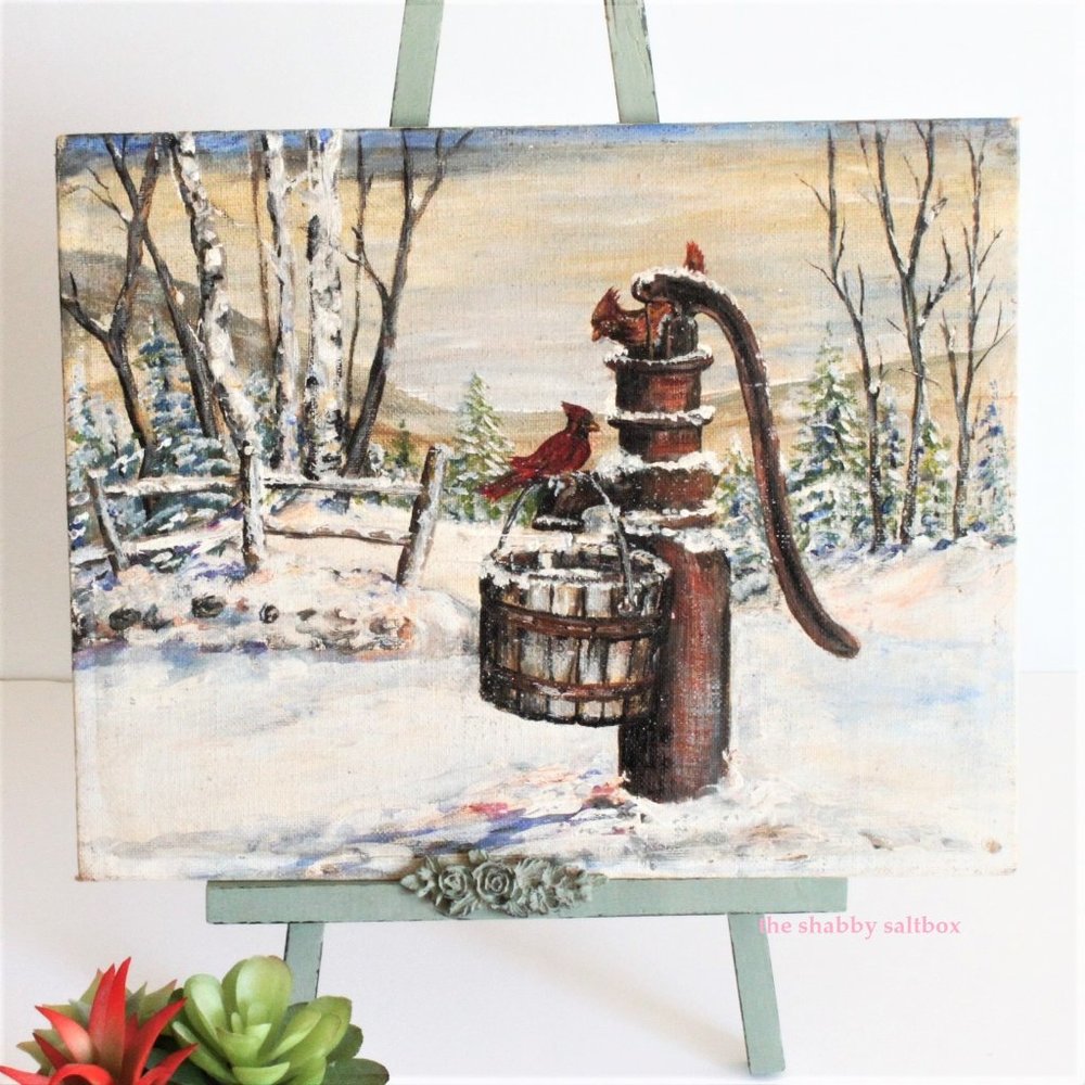 Original Red Cardinal Painting Winter Water Well Acrylic ACEO Slow Living 8x10